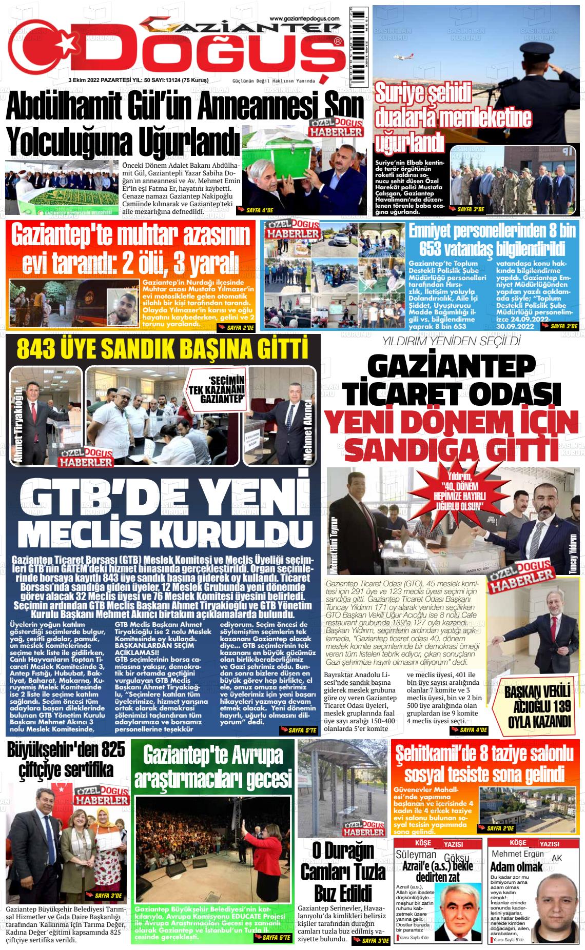 03 Ekim 2022 Gaziantep Doğuş Gazete Manşeti