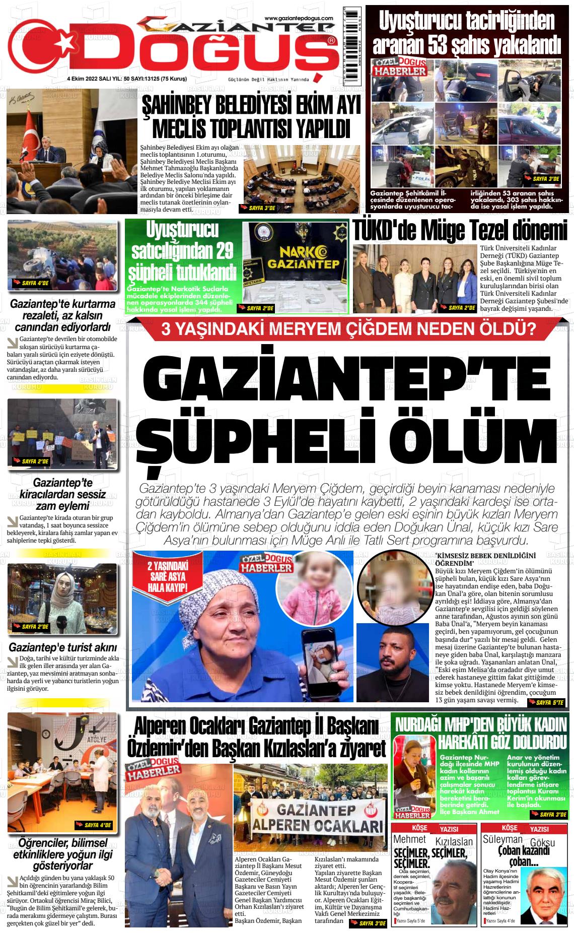 04 Ekim 2022 Gaziantep Doğuş Gazete Manşeti