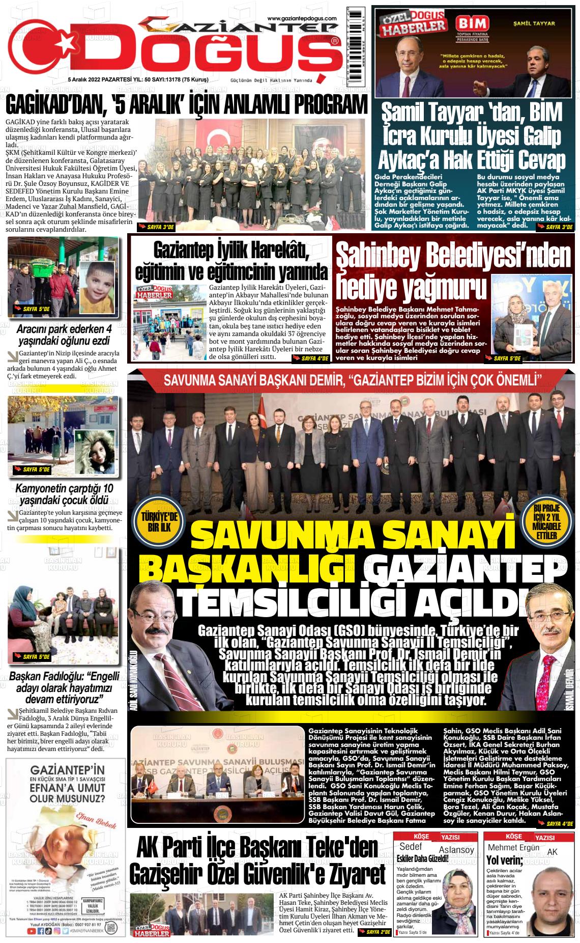 05 Aralık 2022 Gaziantep Doğuş Gazete Manşeti