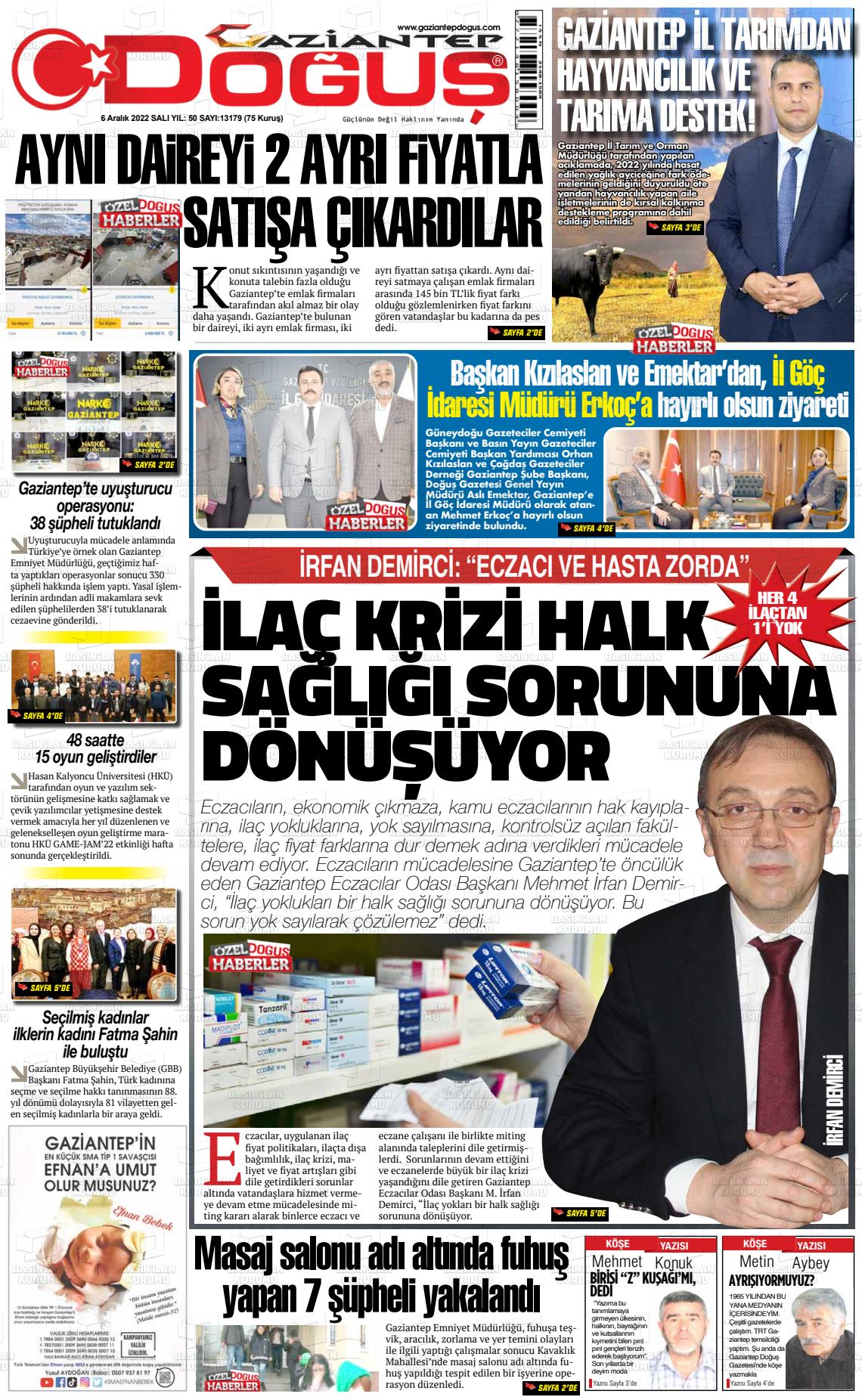 06 Aralık 2022 Gaziantep Doğuş Gazete Manşeti