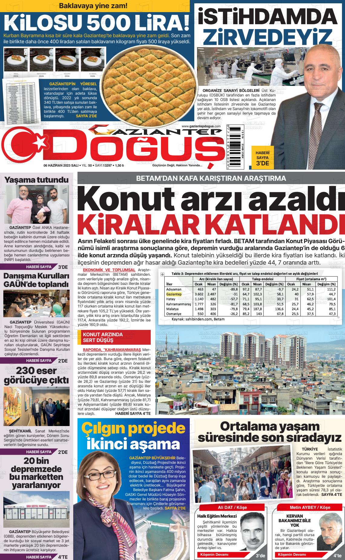 06 Haziran 2023 Gaziantep Doğuş Gazete Manşeti