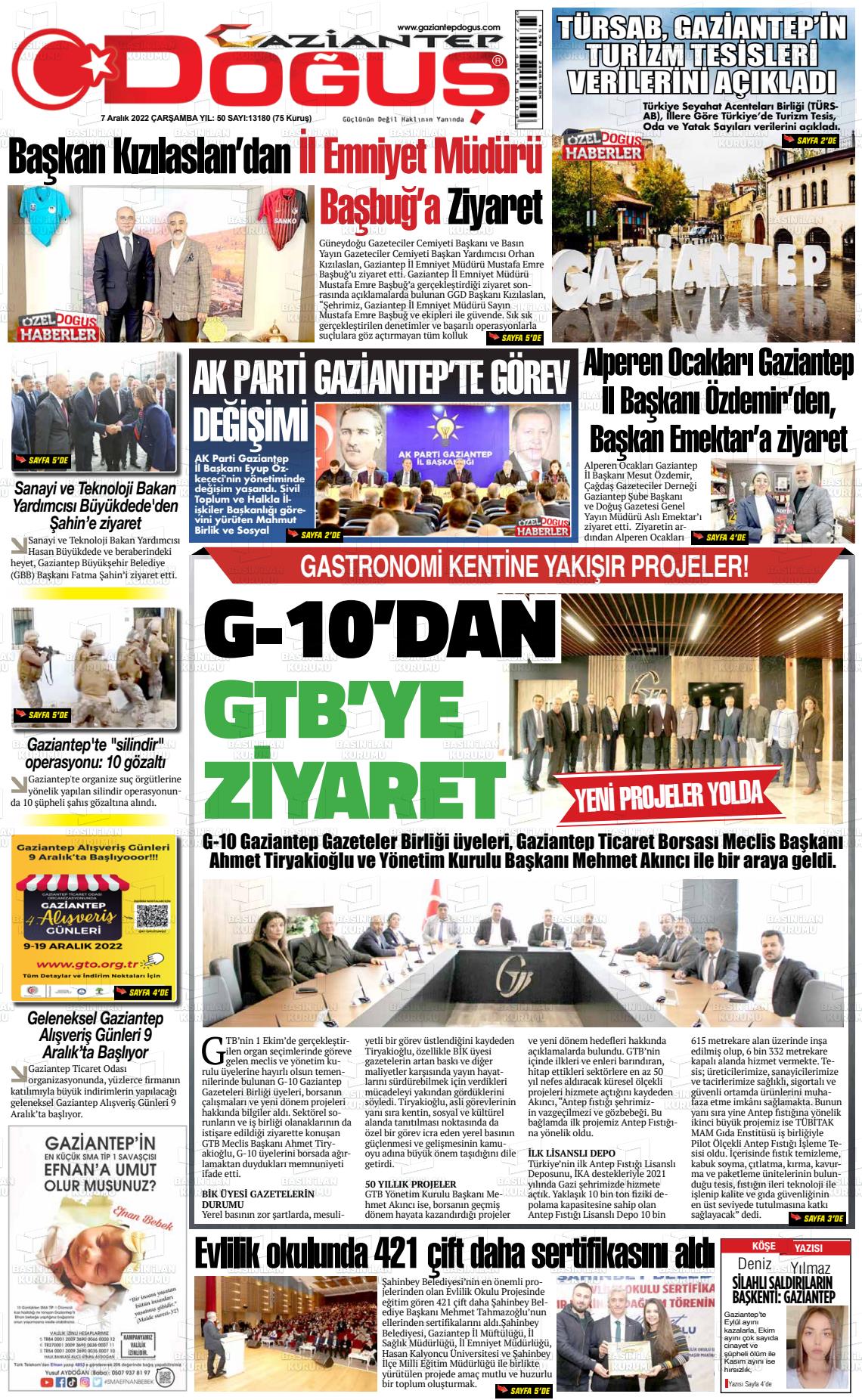 07 Aralık 2022 Gaziantep Doğuş Gazete Manşeti