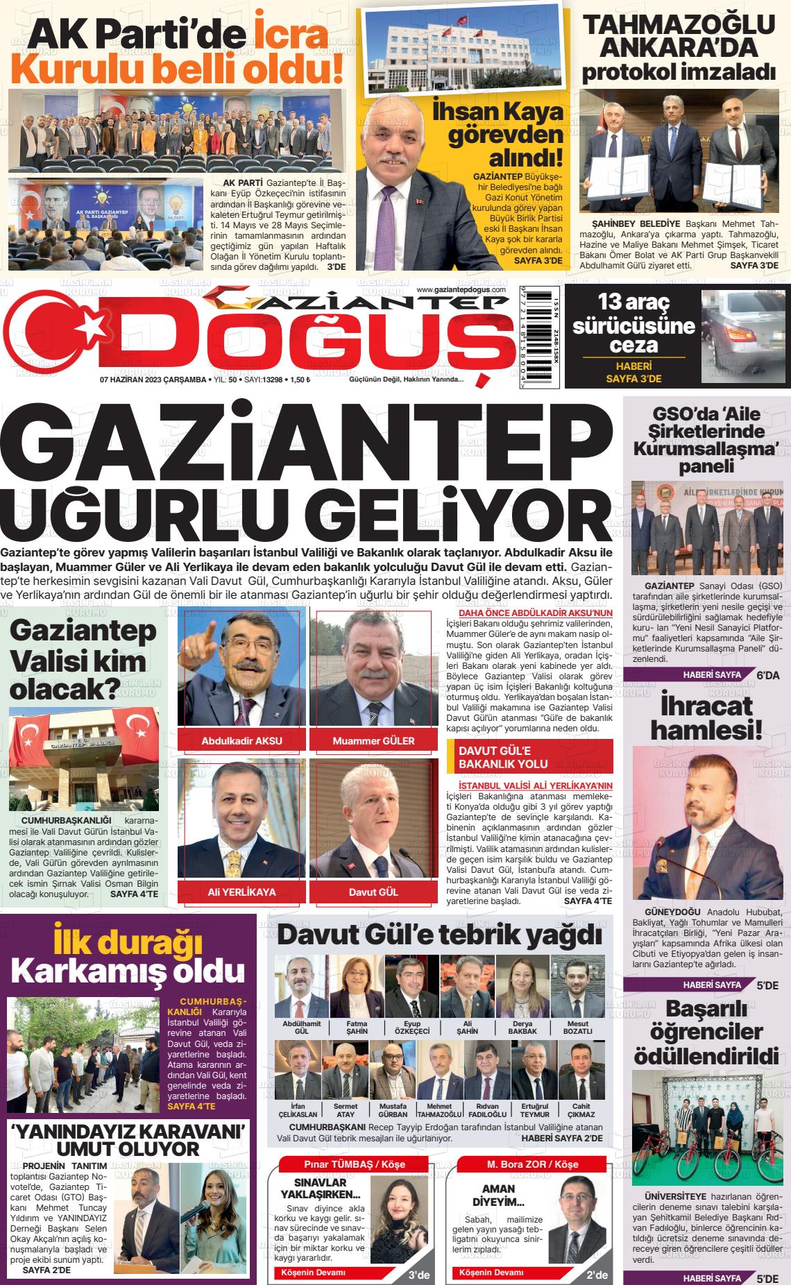 07 Haziran 2023 Gaziantep Doğuş Gazete Manşeti