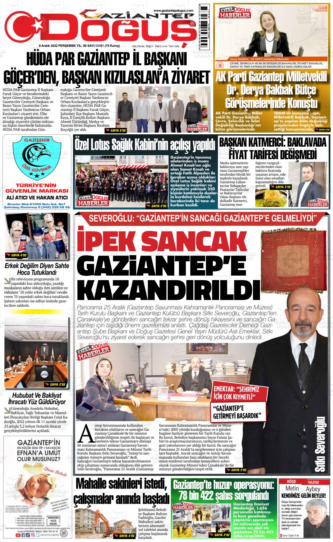 08 Aralık 2022 Gaziantep Doğuş Gazete Manşeti