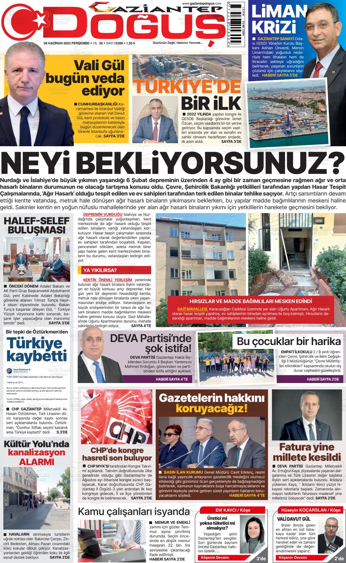 08 Haziran 2023 Gaziantep Doğuş Gazete Manşeti
