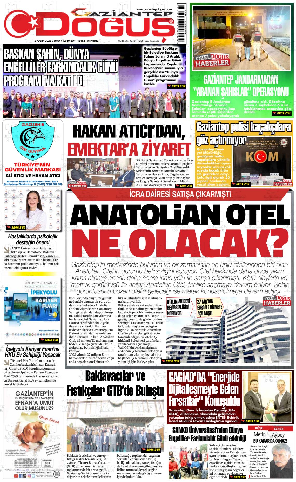 09 Aralık 2022 Gaziantep Doğuş Gazete Manşeti