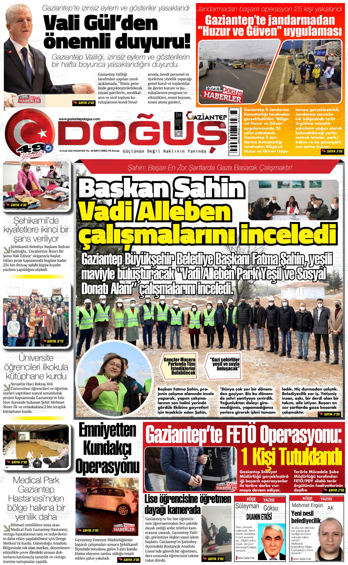 10 Ocak 2022 Gaziantep Doğuş Gazete Manşeti