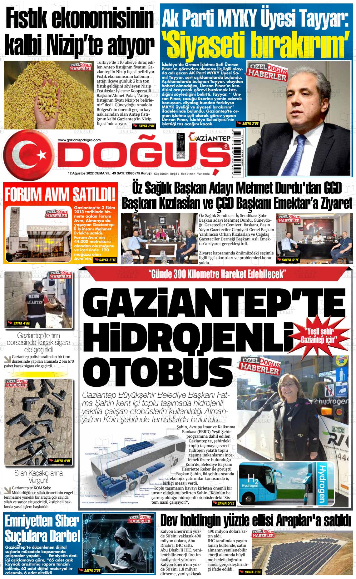 12 Ağustos 2022 Gaziantep Doğuş Gazete Manşeti