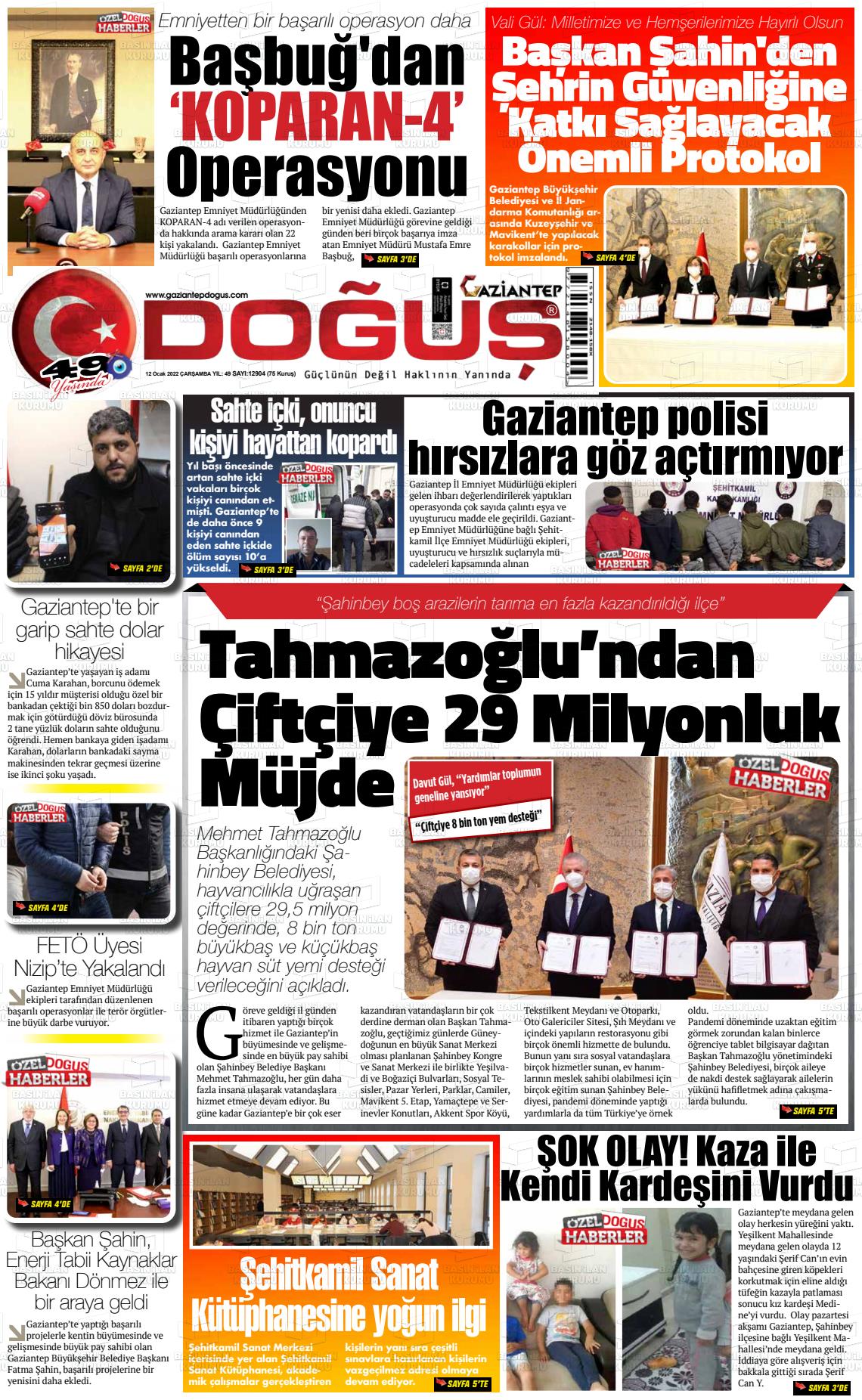 12 Ocak 2022 Gaziantep Doğuş Gazete Manşeti