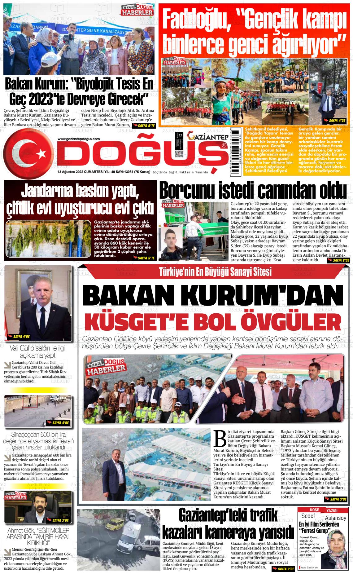13 Ağustos 2022 Gaziantep Doğuş Gazete Manşeti