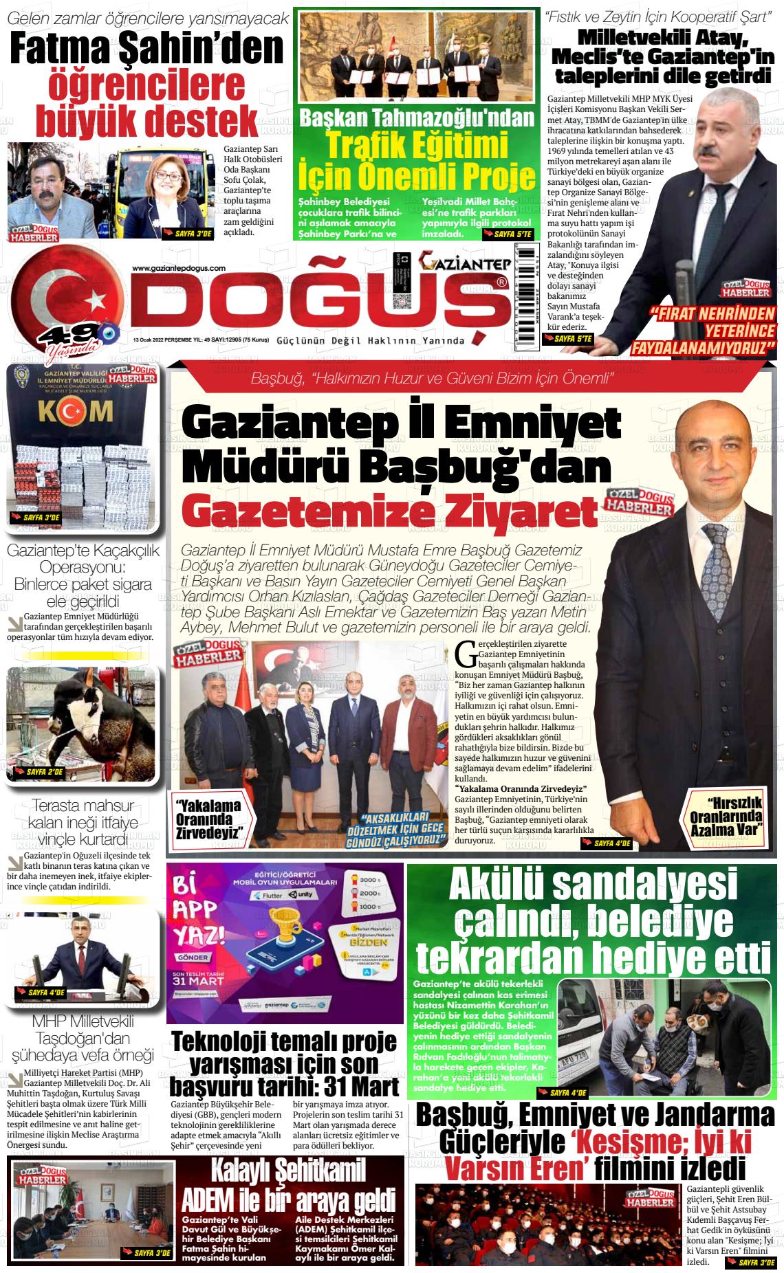 13 Ocak 2022 Gaziantep Doğuş Gazete Manşeti