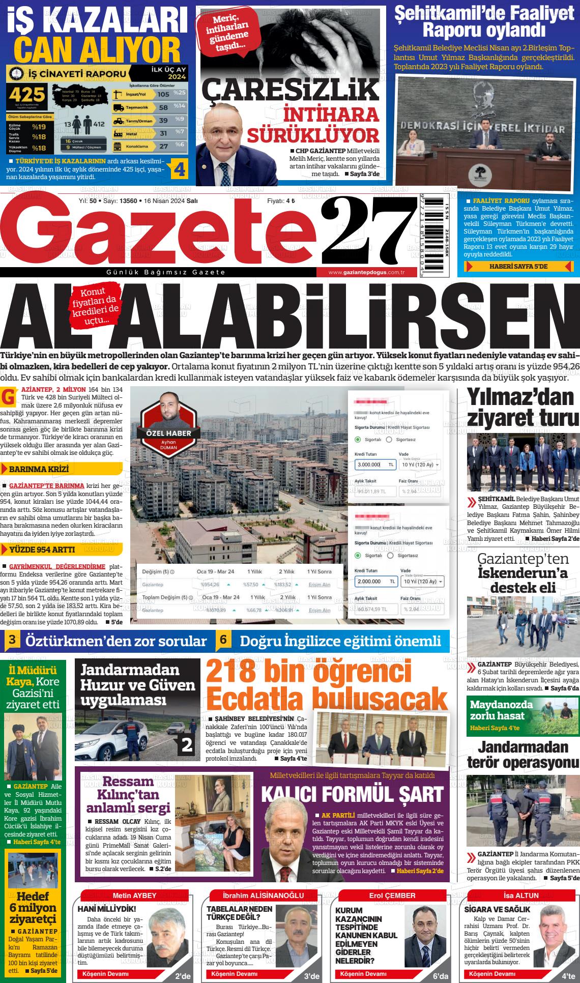 16 Nisan 2024 Gaziantep Doğuş Gazete Manşeti