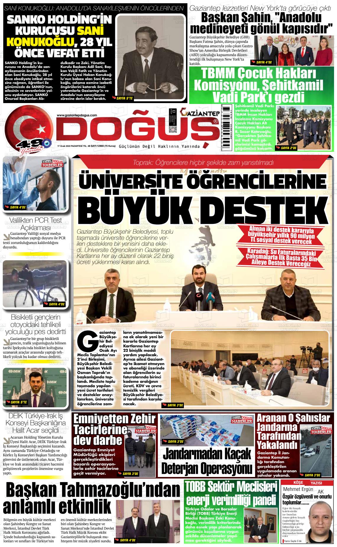 17 Ocak 2022 Gaziantep Doğuş Gazete Manşeti