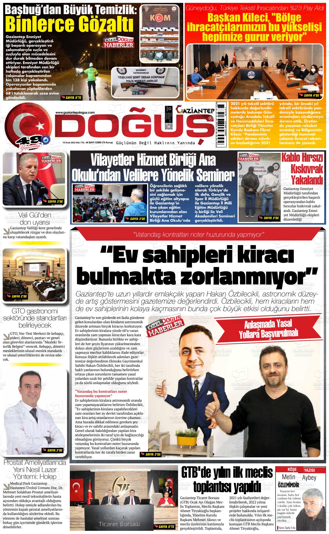 18 Ocak 2022 Gaziantep Doğuş Gazete Manşeti