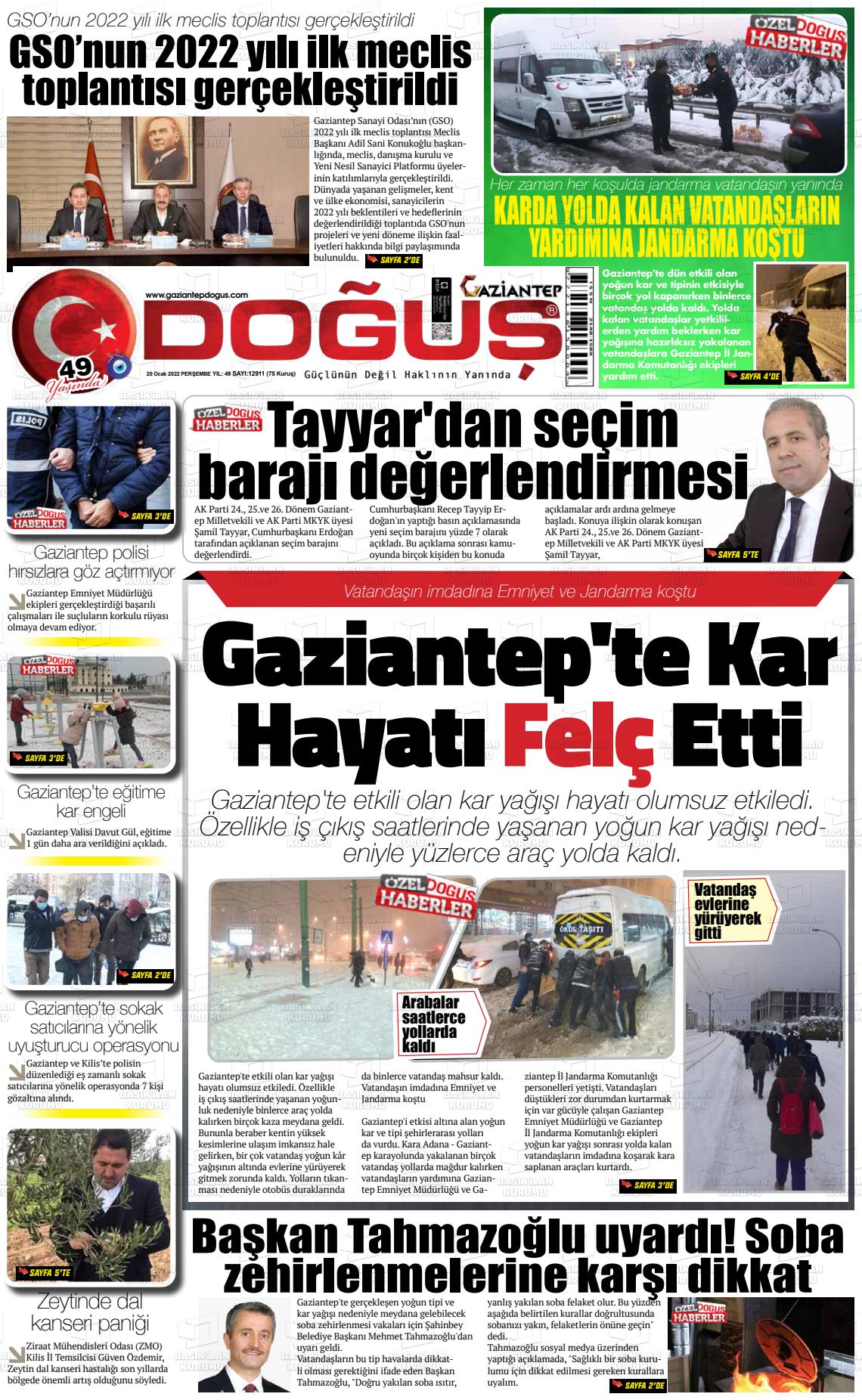 20 Ocak 2022 Gaziantep Doğuş Gazete Manşeti