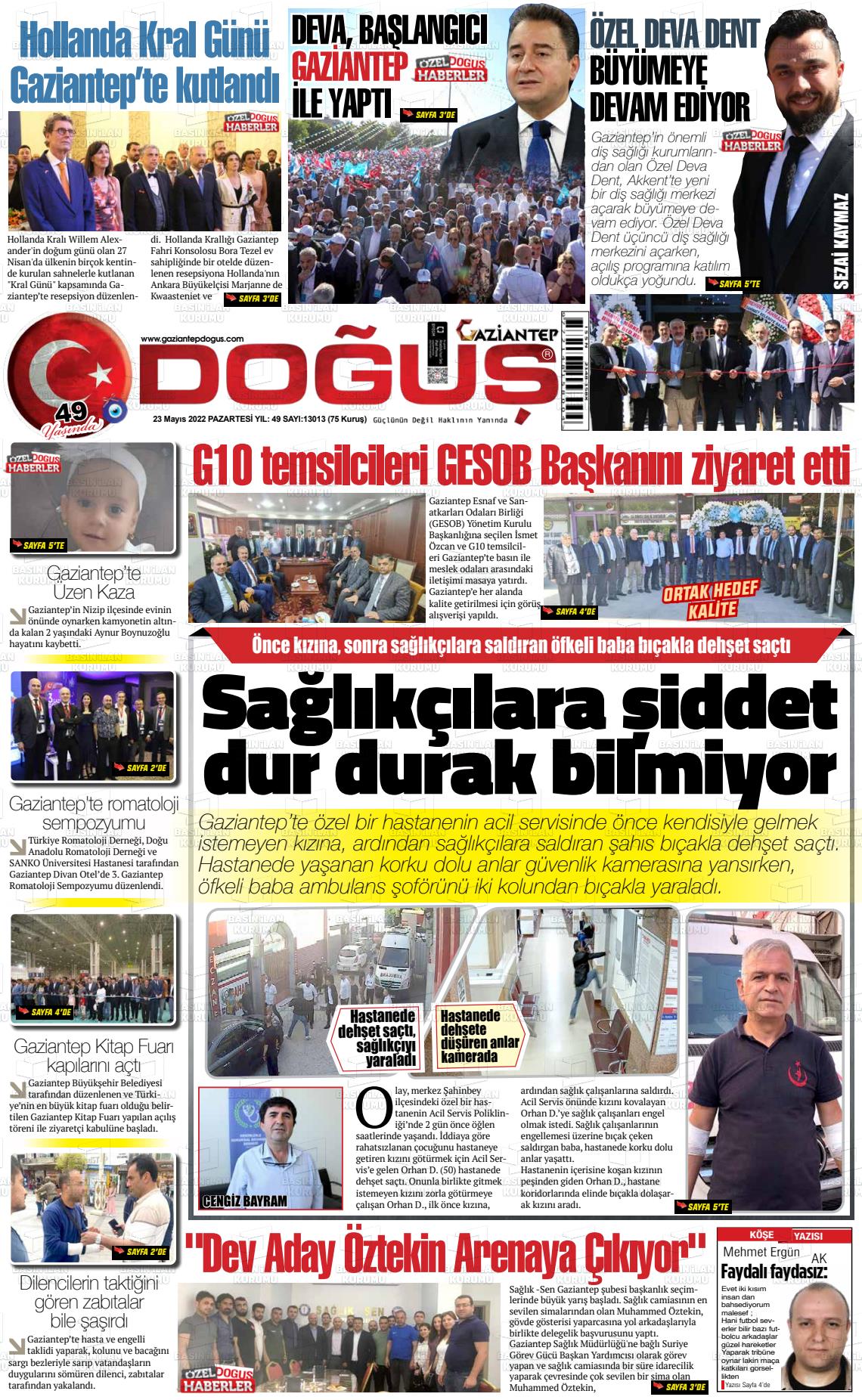 23 Mayıs 2022 Gaziantep Doğuş Gazete Manşeti