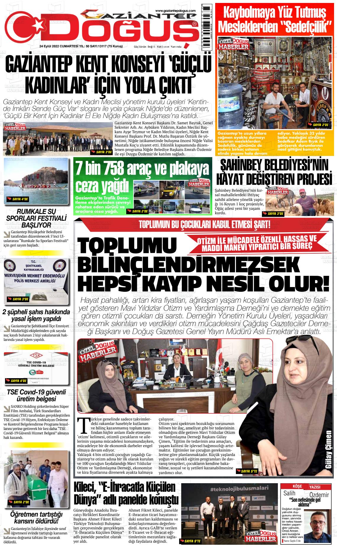 24 Eylül 2022 Gaziantep Doğuş Gazete Manşeti