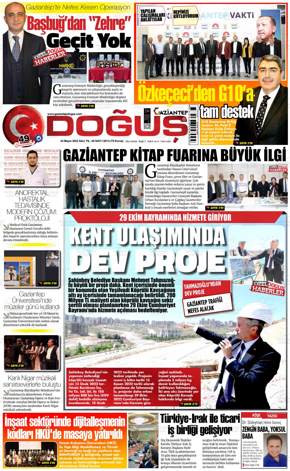 24 Mayıs 2022 Gaziantep Doğuş Gazete Manşeti