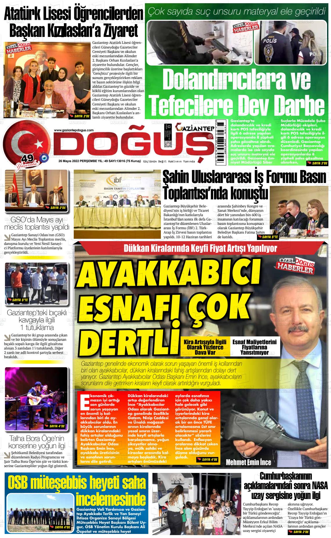 26 Mayıs 2022 Gaziantep Doğuş Gazete Manşeti
