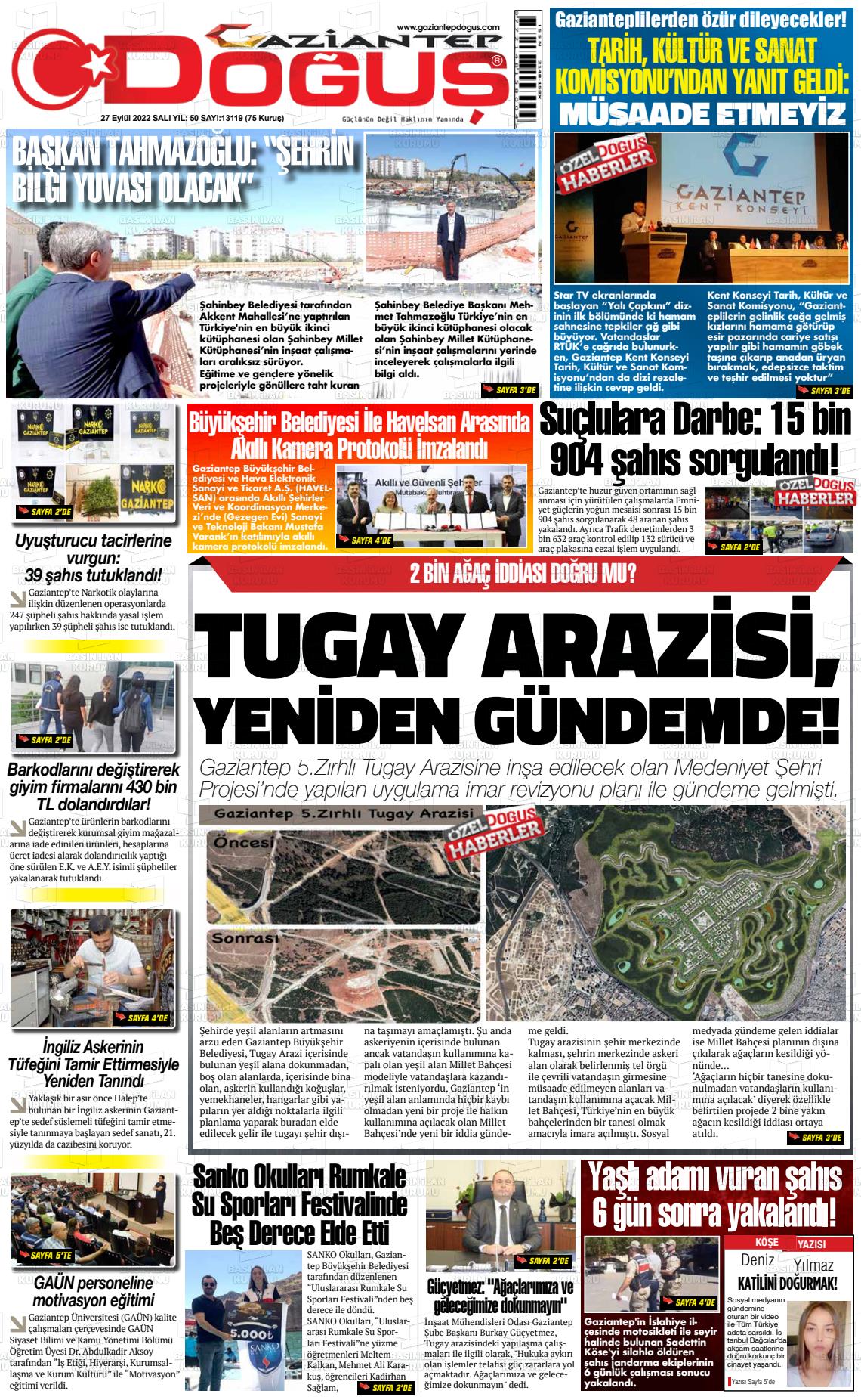 27 Eylül 2022 Gaziantep Doğuş Gazete Manşeti