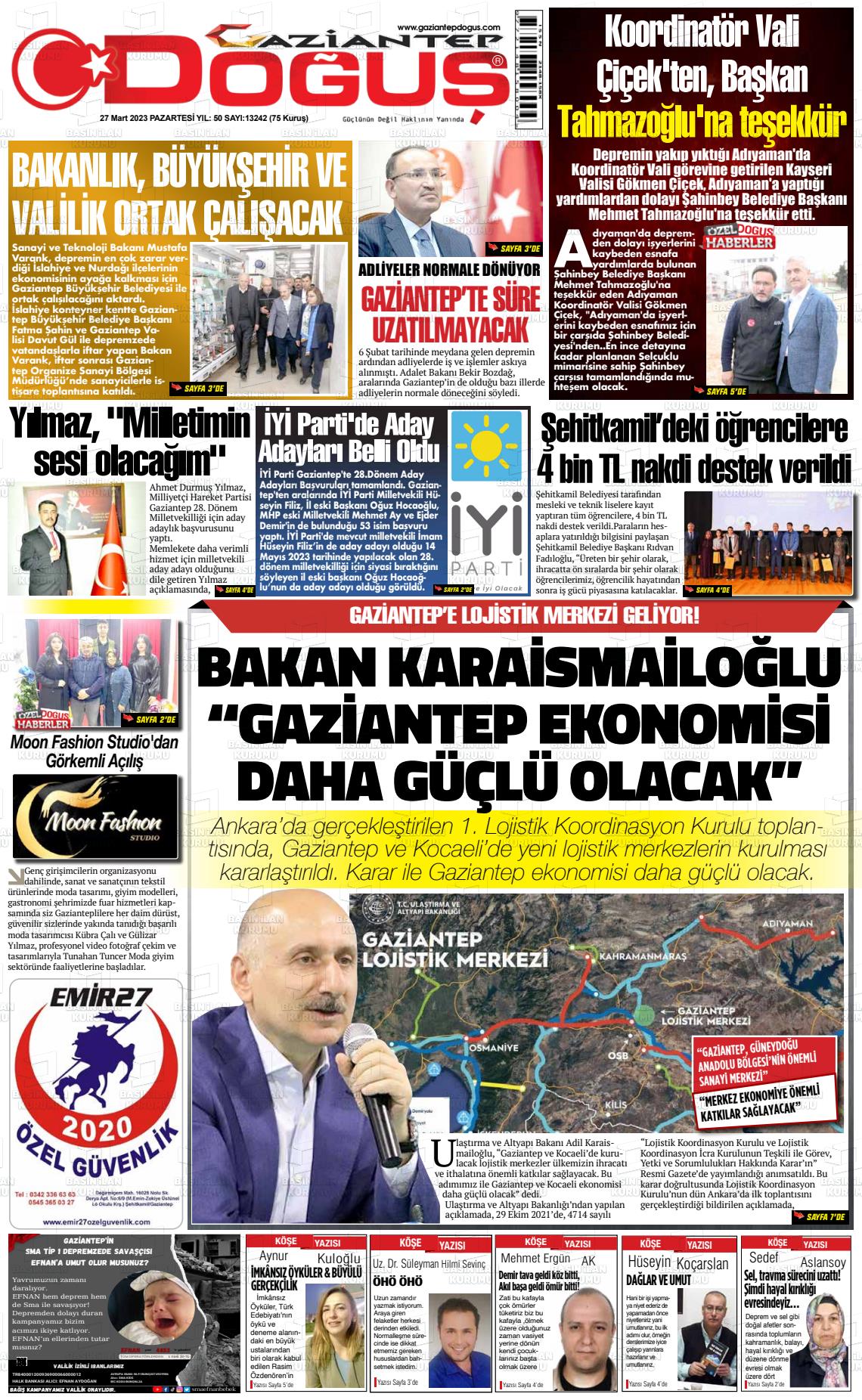 27 Mart 2023 Gaziantep Doğuş Gazete Manşeti