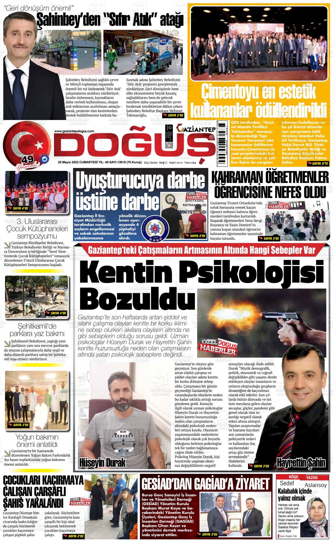 28 Mayıs 2022 Gaziantep Doğuş Gazete Manşeti