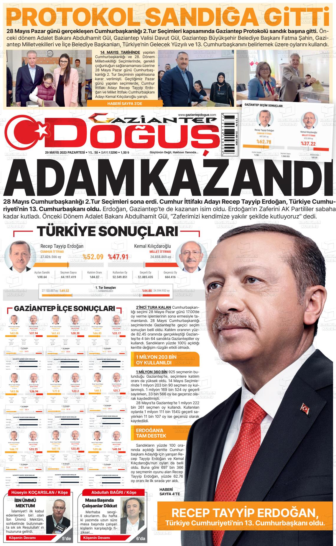 29 Mayıs 2023 Gaziantep Doğuş Gazete Manşeti
