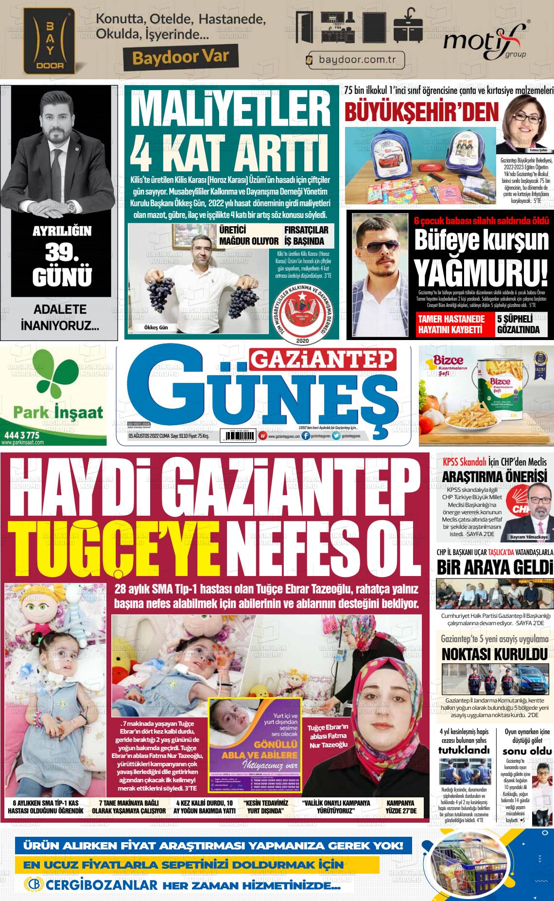 05 Ağustos 2022 Gaziantep Güneş Gazete Manşeti