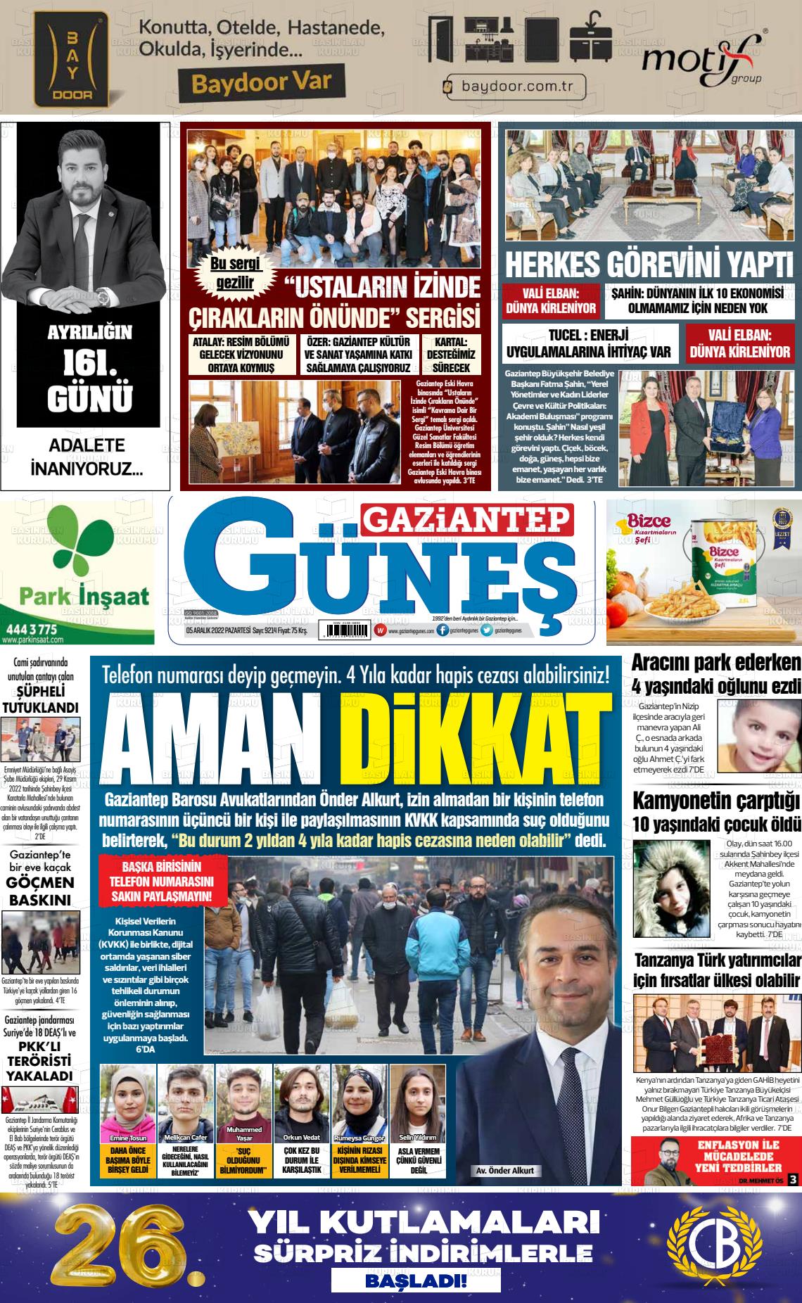 05 Aralık 2022 Gaziantep Güneş Gazete Manşeti