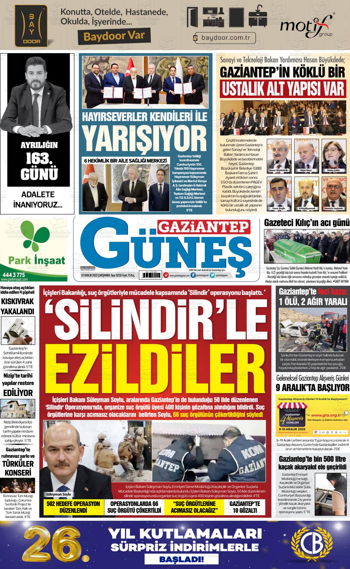 07 Aralık 2022 Gaziantep Güneş Gazete Manşeti