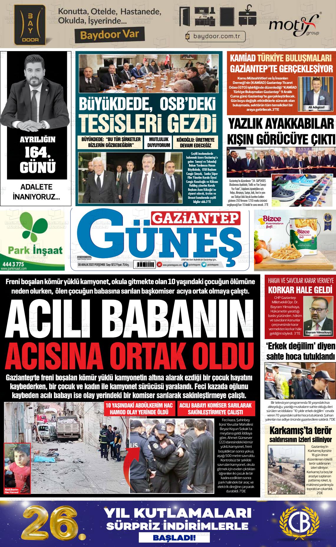 08 Aralık 2022 Gaziantep Güneş Gazete Manşeti
