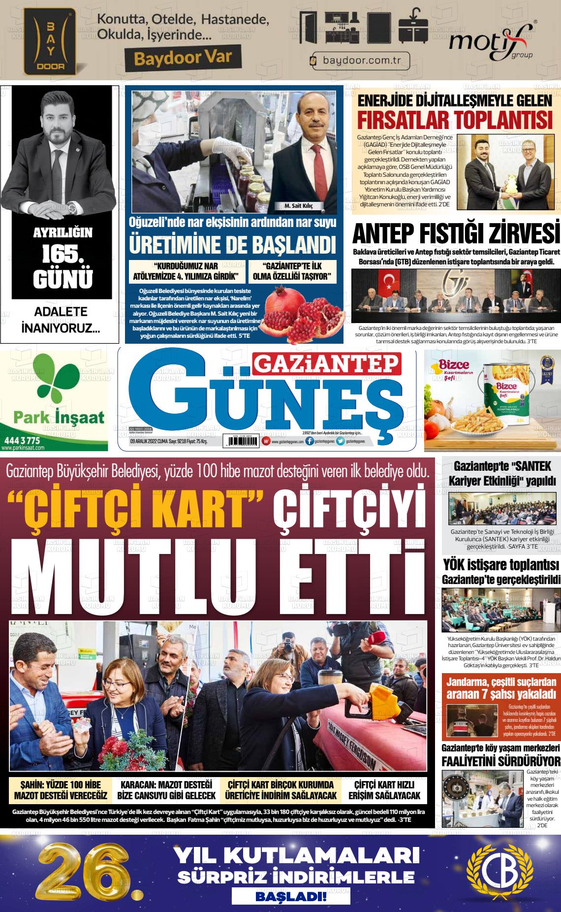 09 Aralık 2022 Gaziantep Güneş Gazete Manşeti