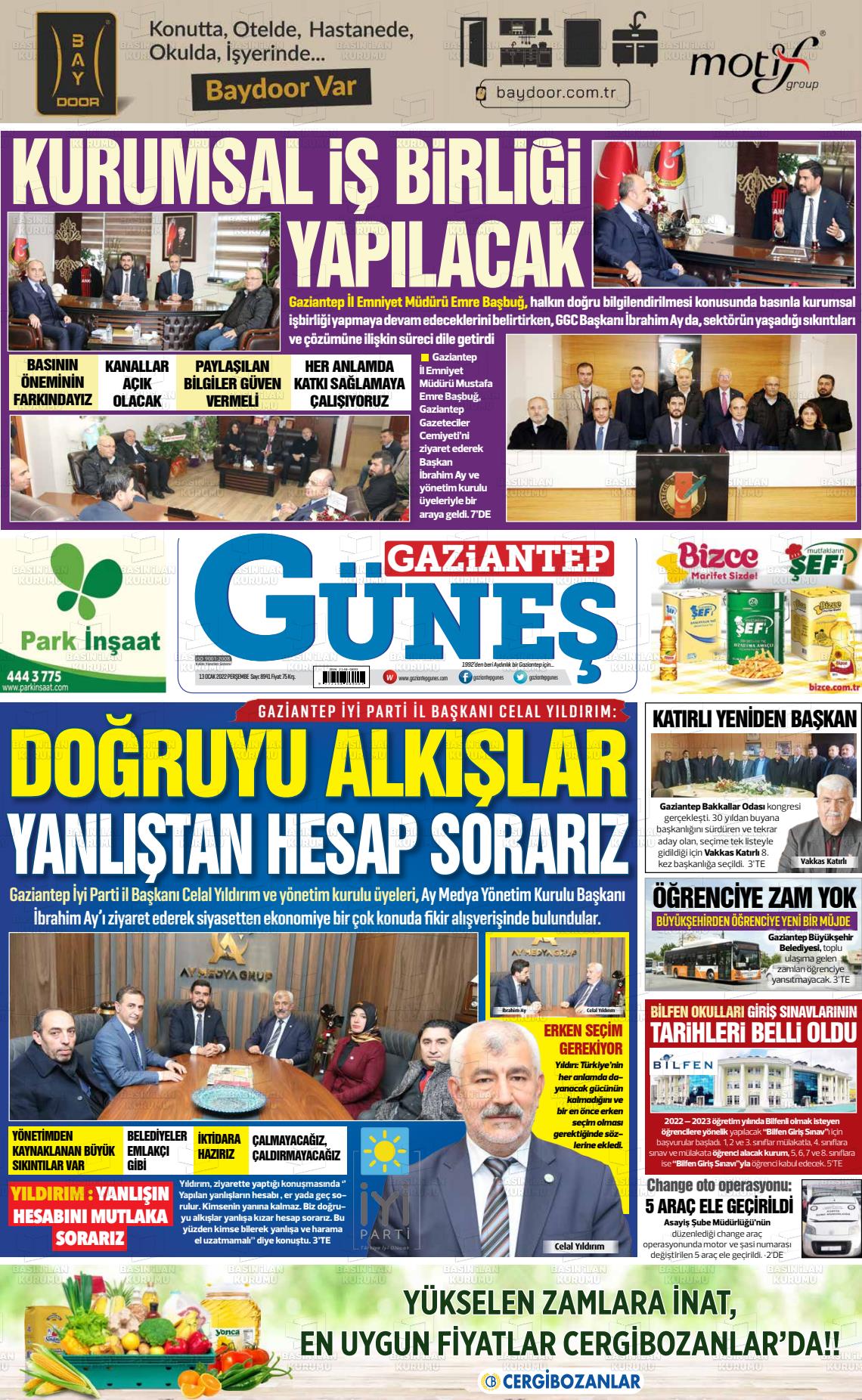 13 Ocak 2022 Gaziantep Güneş Gazete Manşeti