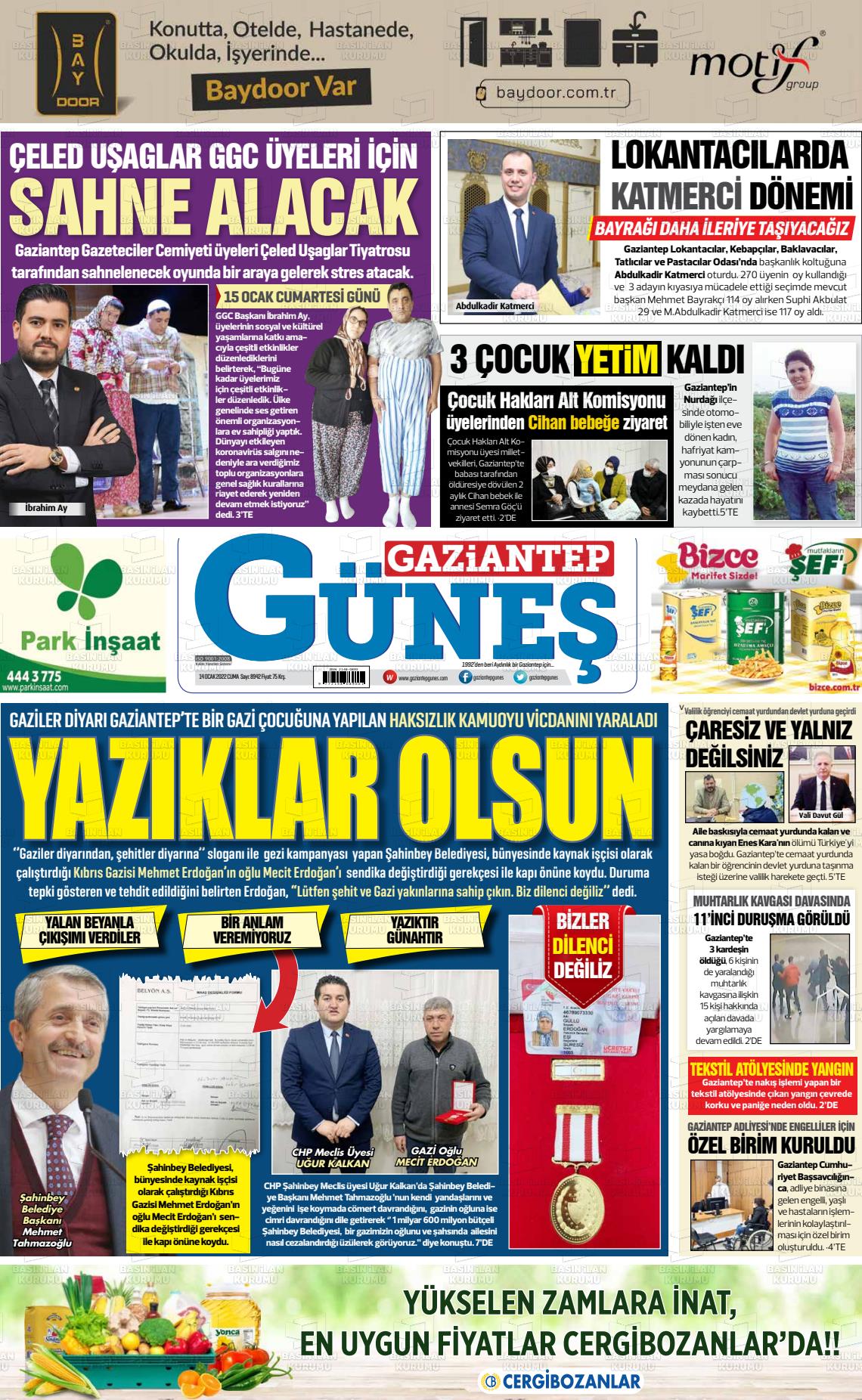 14 Ocak 2022 Gaziantep Güneş Gazete Manşeti