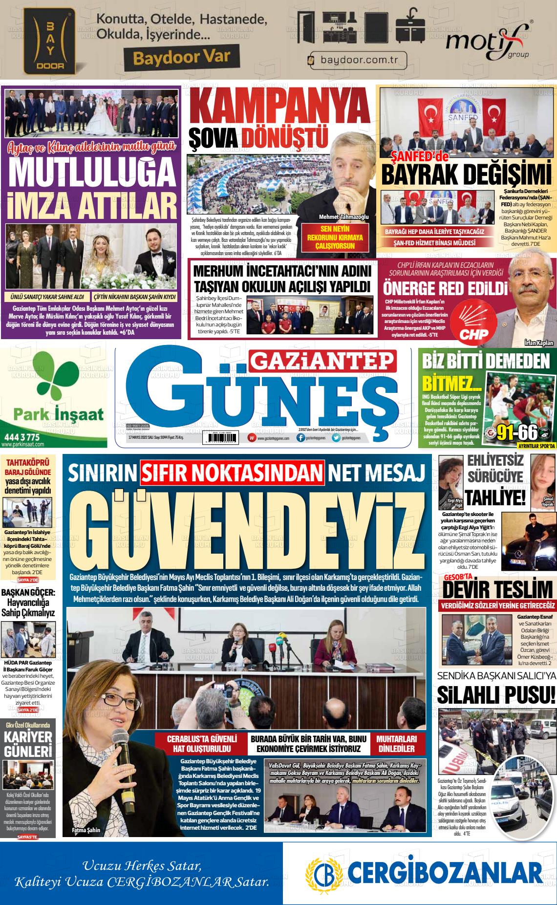 17 Mayıs 2022 Gaziantep Güneş Gazete Manşeti