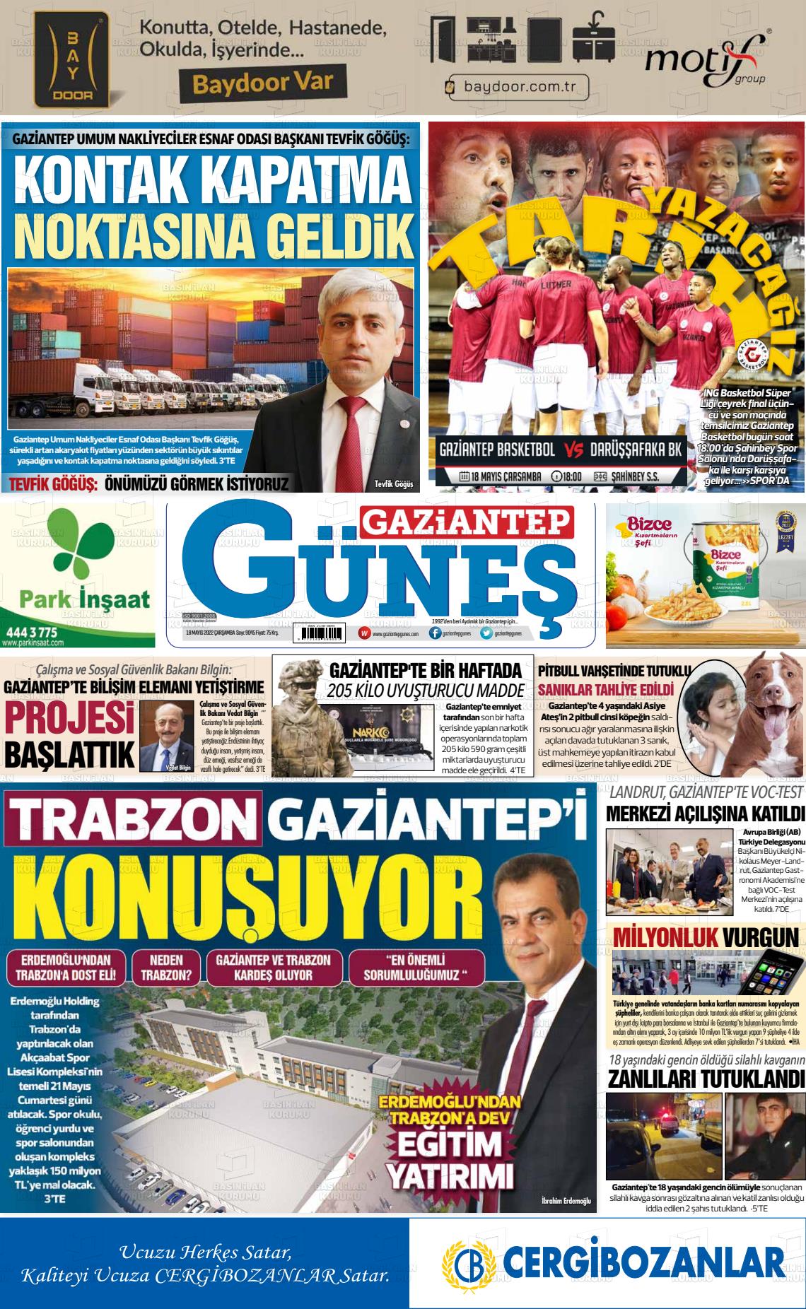18 Mayıs 2022 Gaziantep Güneş Gazete Manşeti