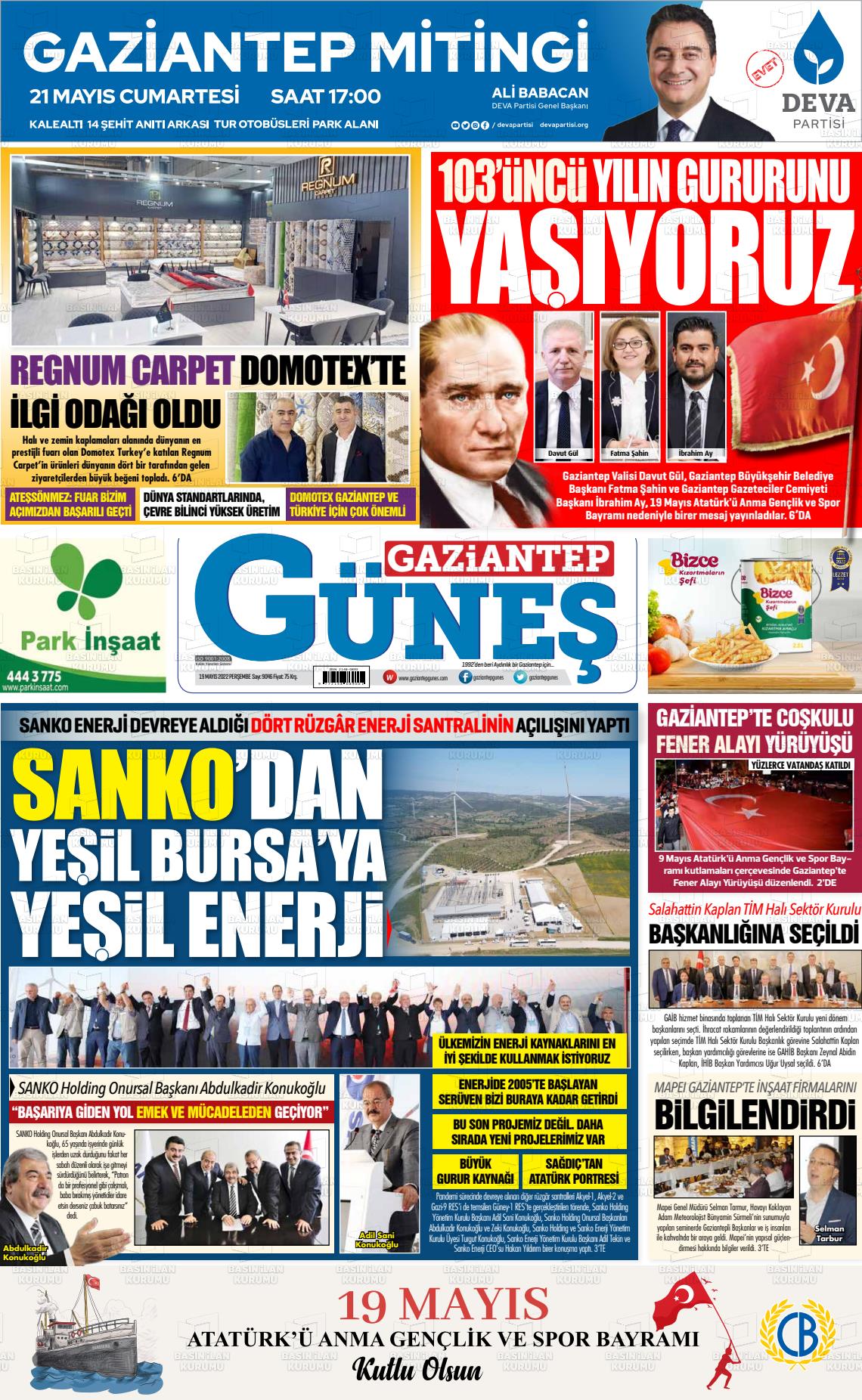 19 Mayıs 2022 Gaziantep Güneş Gazete Manşeti