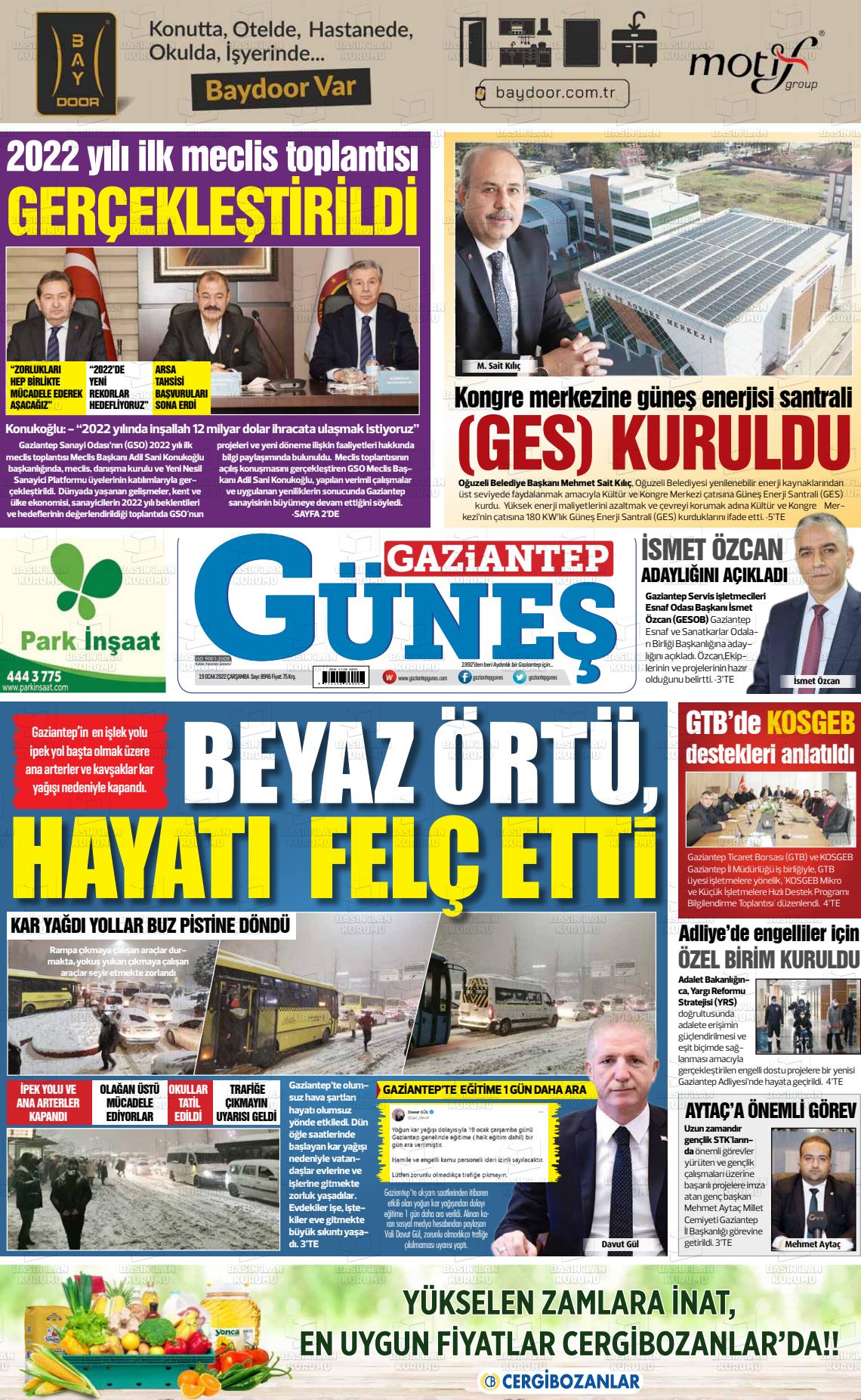 19 Ocak 2022 Gaziantep Güneş Gazete Manşeti
