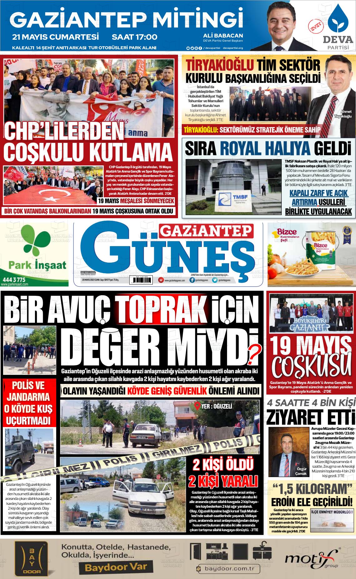 20 Mayıs 2022 Gaziantep Güneş Gazete Manşeti