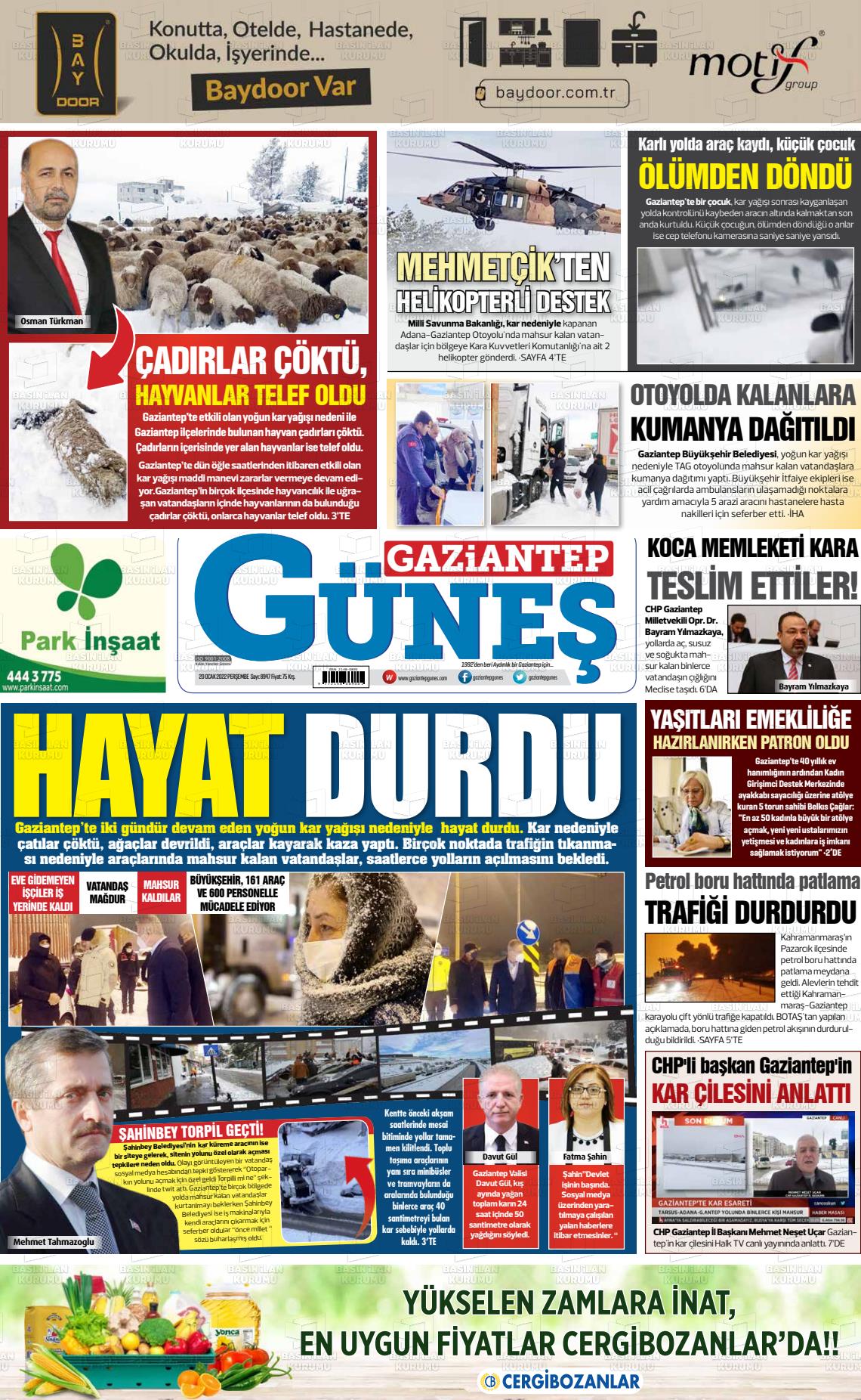 20 Ocak 2022 Gaziantep Güneş Gazete Manşeti