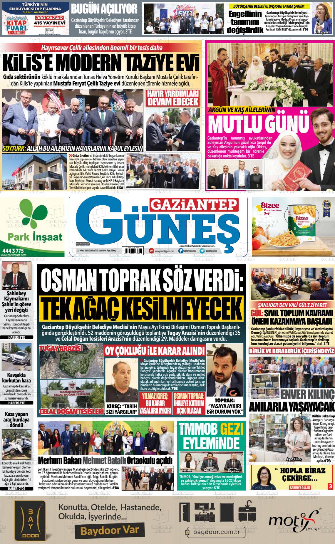 21 Mayıs 2022 Gaziantep Güneş Gazete Manşeti