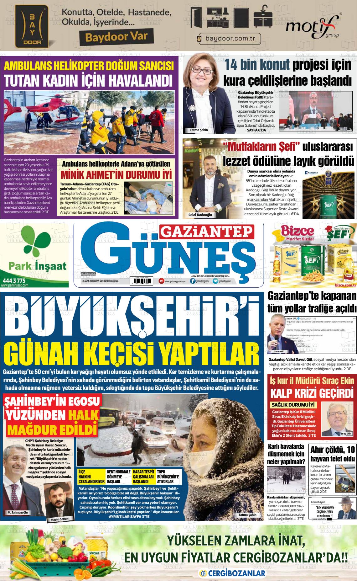 21 Ocak 2022 Gaziantep Güneş Gazete Manşeti