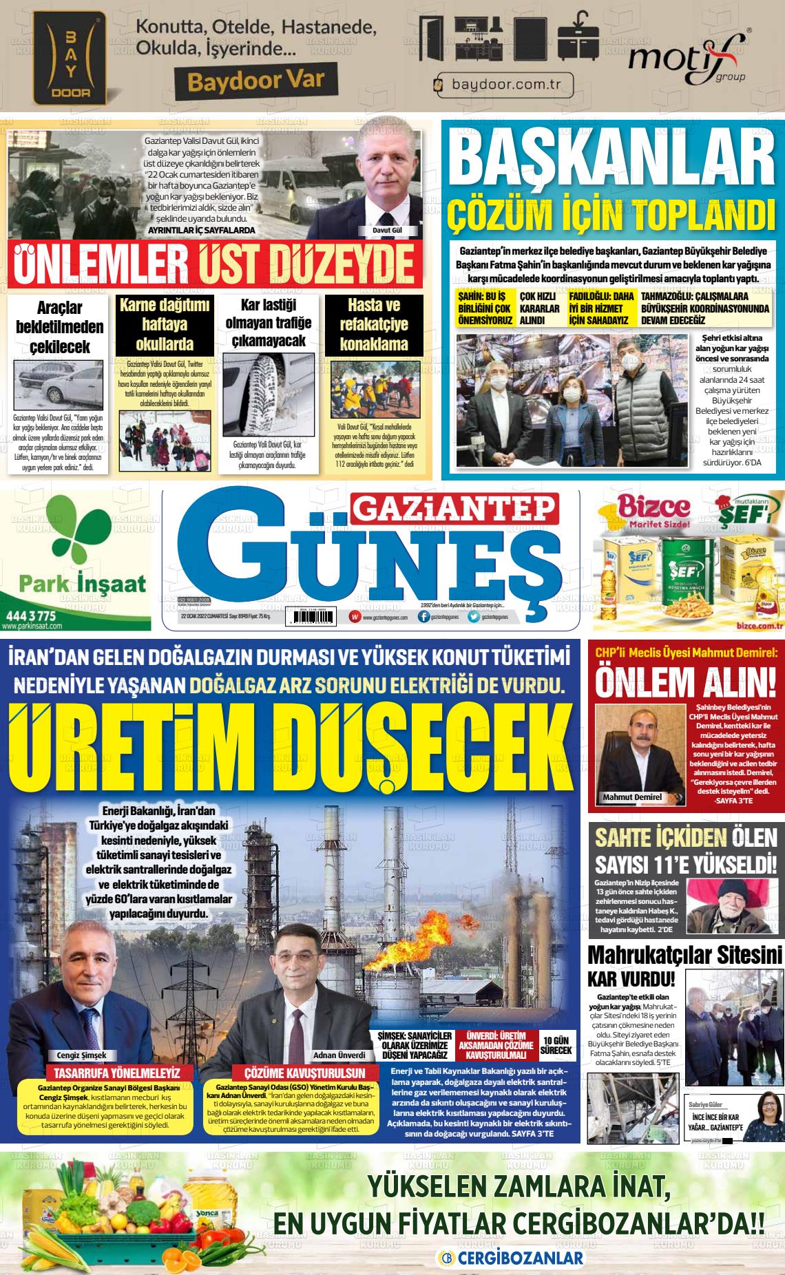 22 Ocak 2022 Gaziantep Güneş Gazete Manşeti