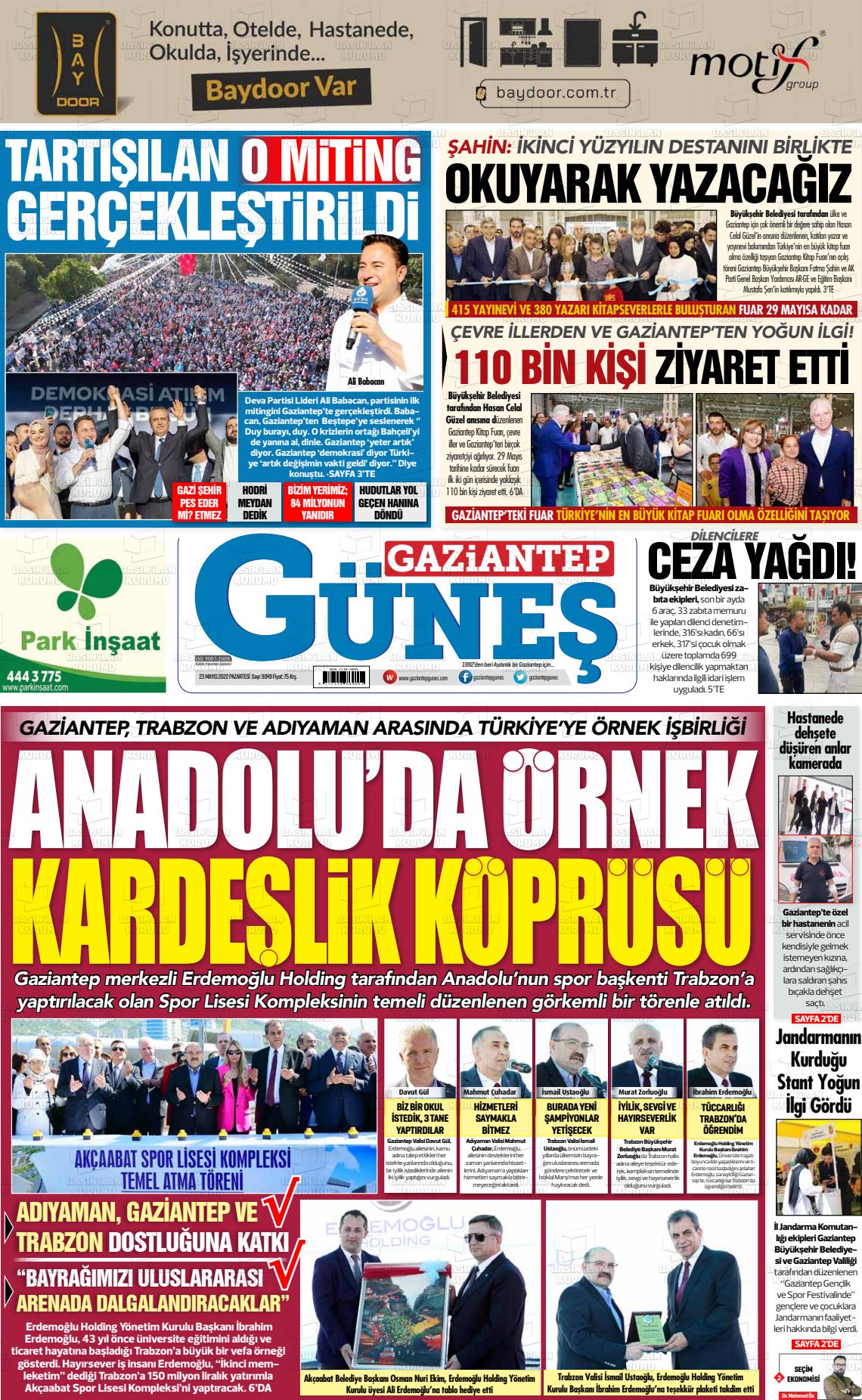 23 Mayıs 2022 Gaziantep Güneş Gazete Manşeti