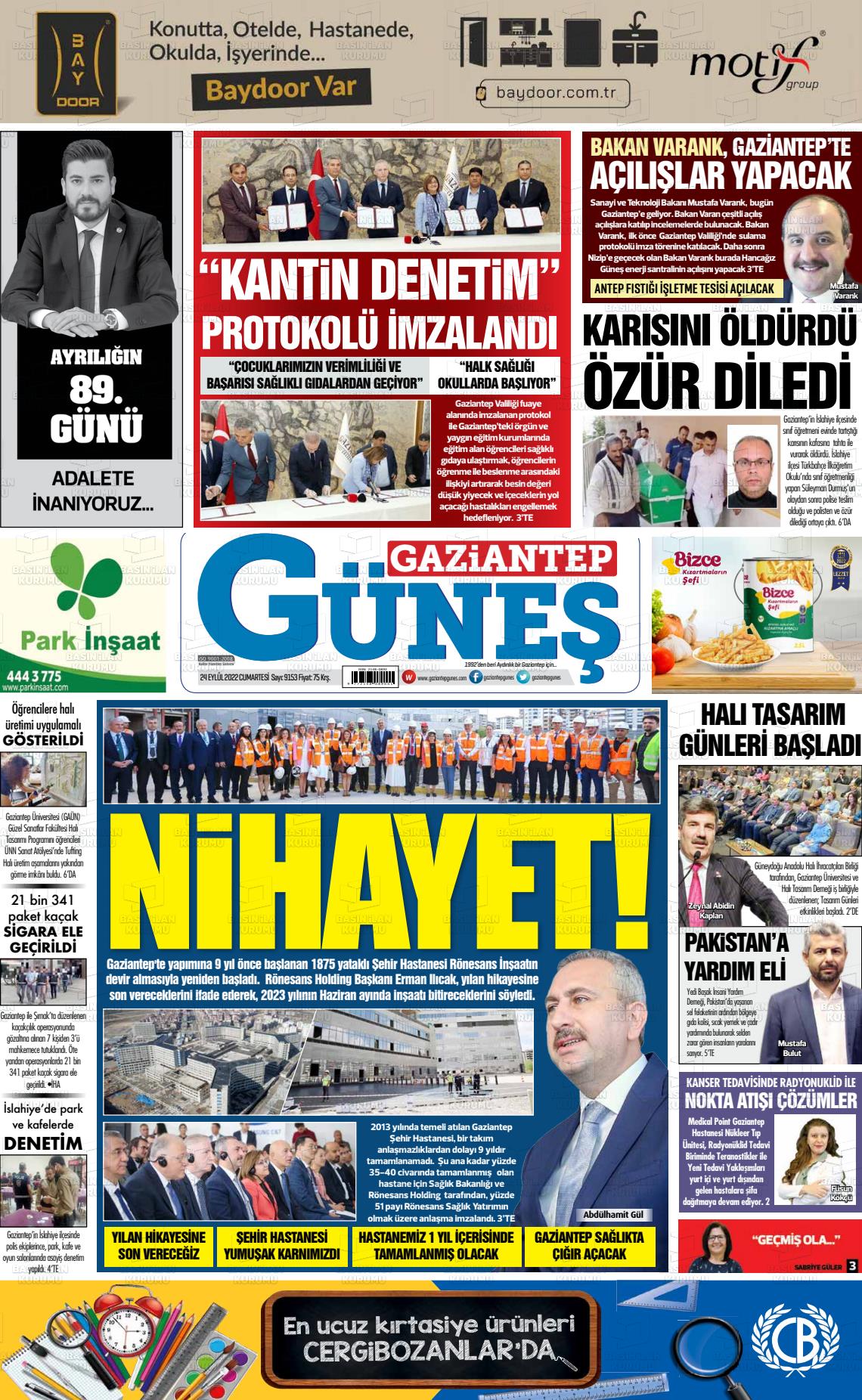 24 Eylül 2022 Gaziantep Güneş Gazete Manşeti