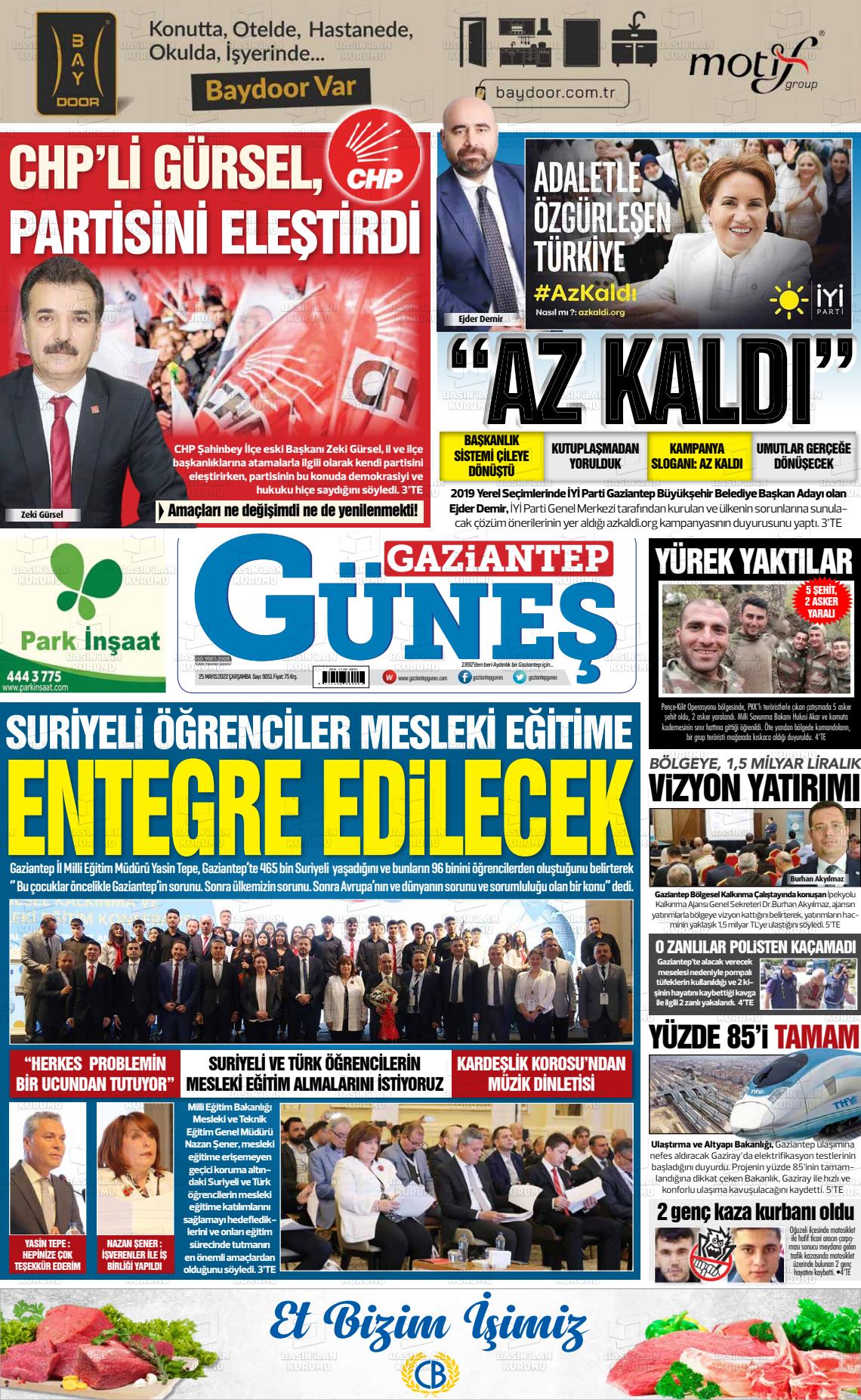 25 Mayıs 2022 Gaziantep Güneş Gazete Manşeti