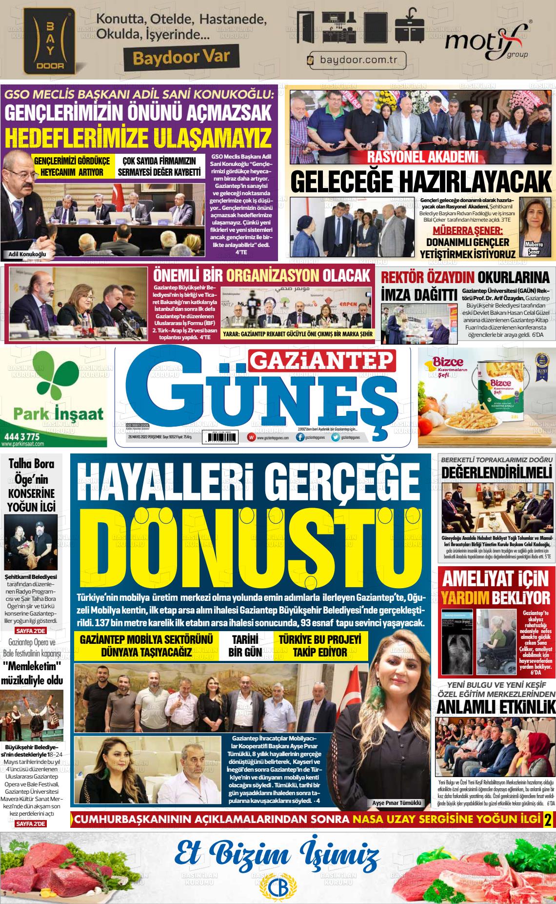 26 Mayıs 2022 Gaziantep Güneş Gazete Manşeti