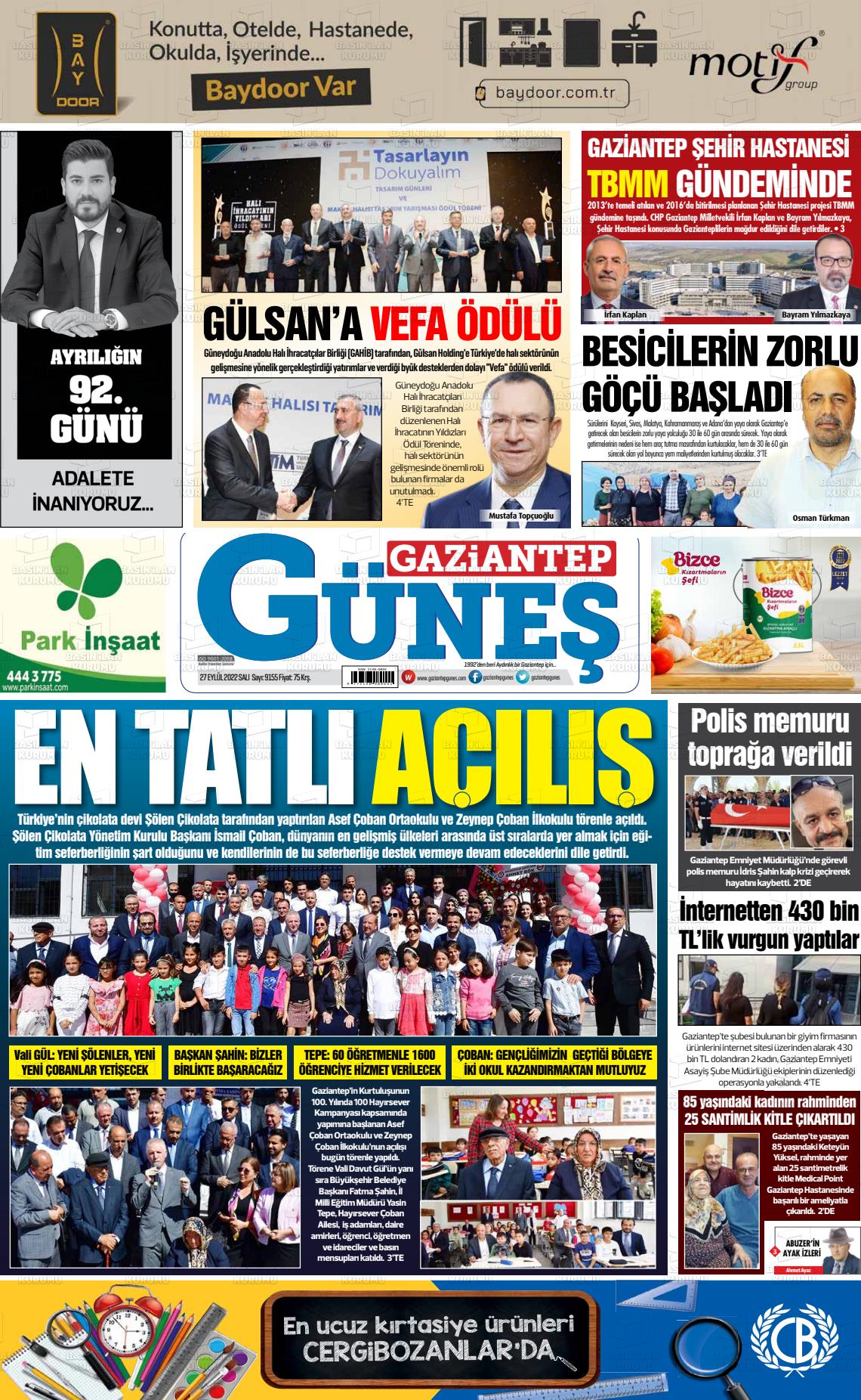 27 Eylül 2022 Gaziantep Güneş Gazete Manşeti