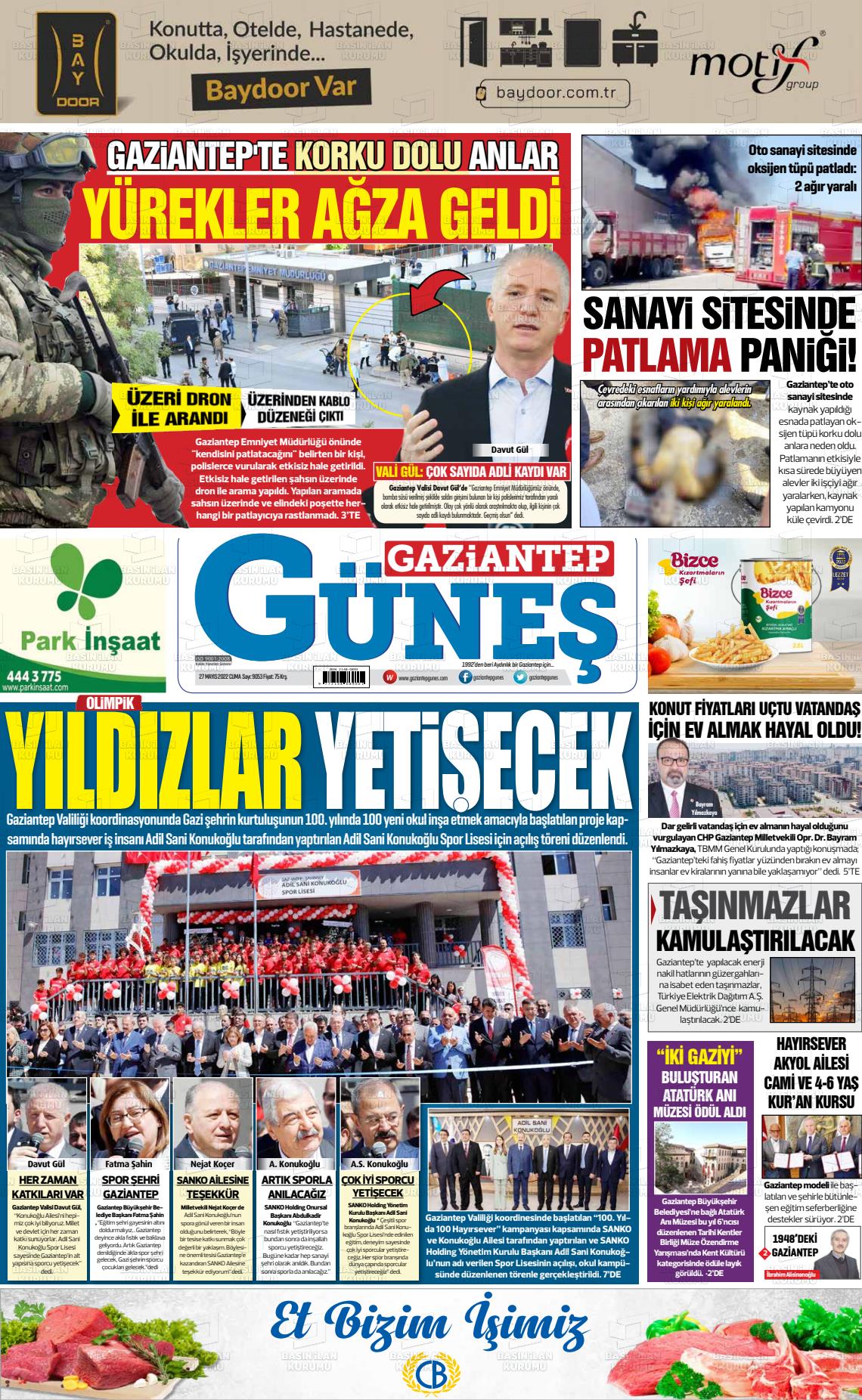 27 Mayıs 2022 Gaziantep Güneş Gazete Manşeti