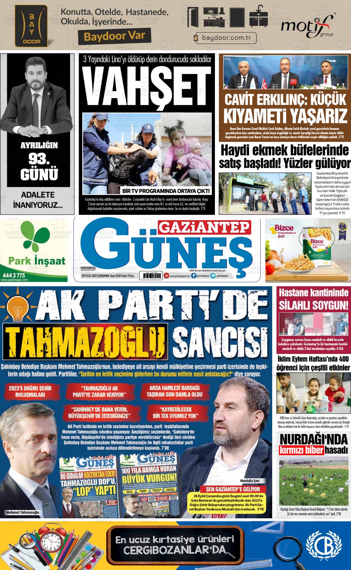 28 Eylül 2022 Gaziantep Güneş Gazete Manşeti